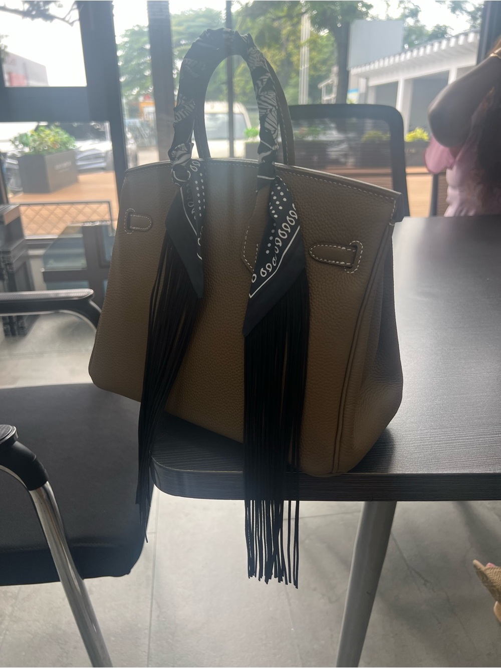 Elegant Taupe/ olive green Women’s Satchel with removable fringe ribbon. - Picture 8 of 10